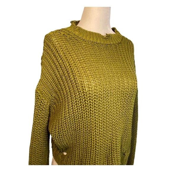 Zara Distressed Crewneck Sweater Olive Green Chunky‎ Knit Long Sleeve S - Picture 4 of 9